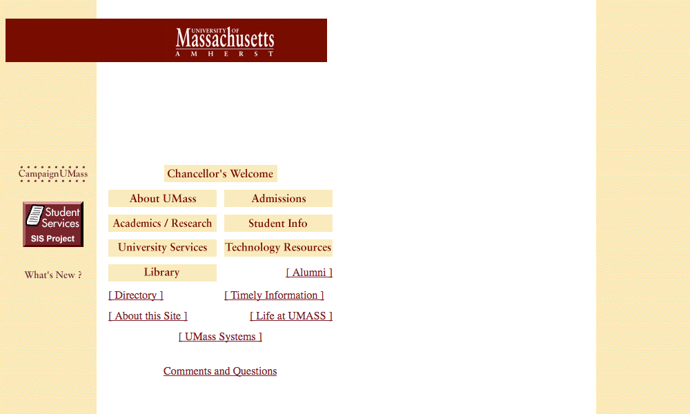 Screenshot of UMass Amherst website homepage, as of February 28, 1997.