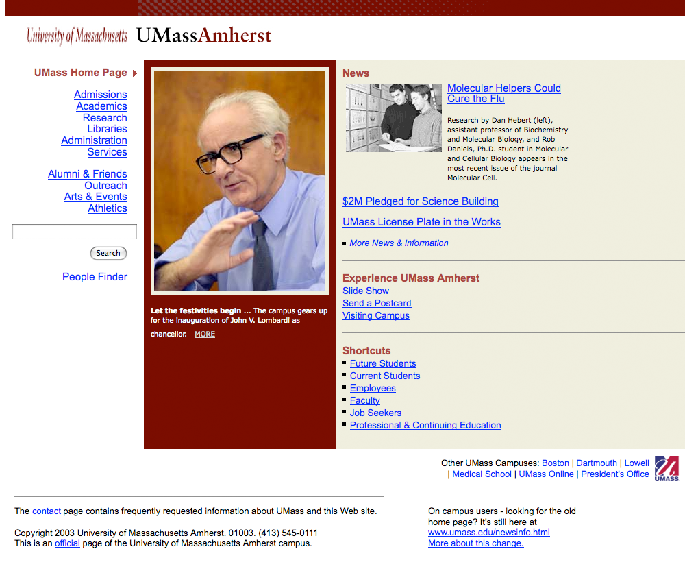 Screenshot of UMass Amherst website homepage, as of February 7, 2003.