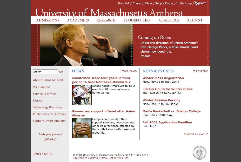 Screenshot of UMass Amherst website homepage, as of May 20, 2004.