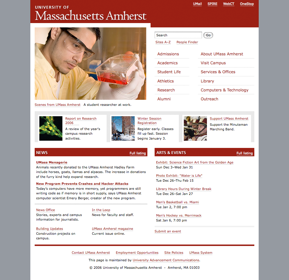Screenshot of UMass Amherst website homepage, as of January 1, 2007.