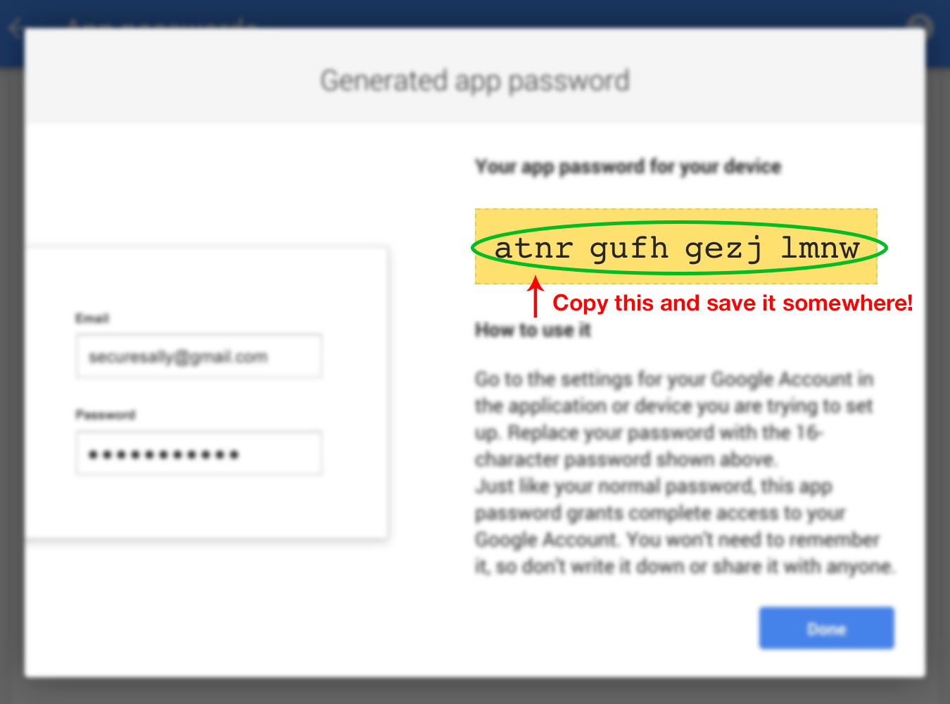 Gmail GoDaddy email forward (10): Generated App password.