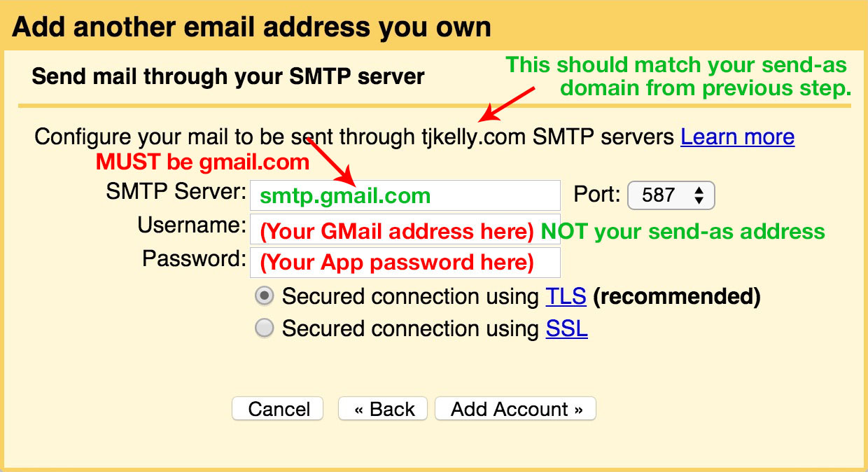 Gmail GoDaddy email forward (5): SMTP Server settings.