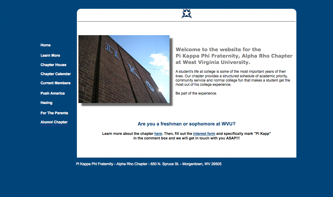 A Pi Kappa Phi chapter website: West Virginia University.