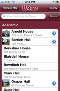An image of UMass Amherst iPhone app, Building Finder screen.