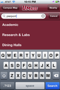 An image of UMass Amherst iPhone app, Building Finder search screen (1).