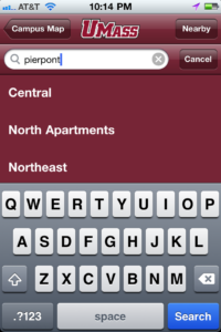 An image of UMass Amherst iPhone app, Building Finder search screen (2).