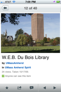 An image of UMass Amherst iPhone app, Flickr screen for comparison.