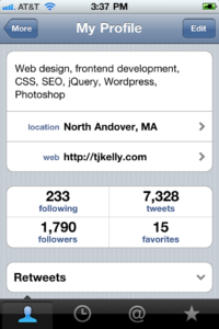 An image of UMass Amherst iPhone app, Tweetie screen for comparison.