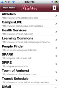 An image of UMass Amherst iPhone app, Helpful Links screen.