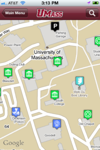 An image of UMass Amherst iPhone app, Campus Map screen.