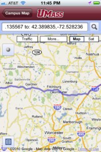 An image of UMass Amherst iPhone app, Google Map screen/directions.