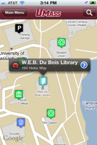 An image of UMass Amherst iPhone app, Campus Map screen/info balloon.