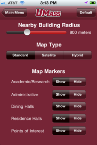 An image of UMass Amherst iPhone app, Settings screen.