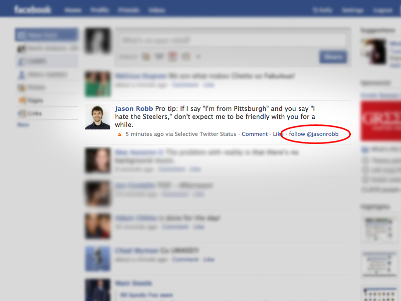 A screenshot of my Facebook News Feed, showing a "follow @jasonrobb" link.