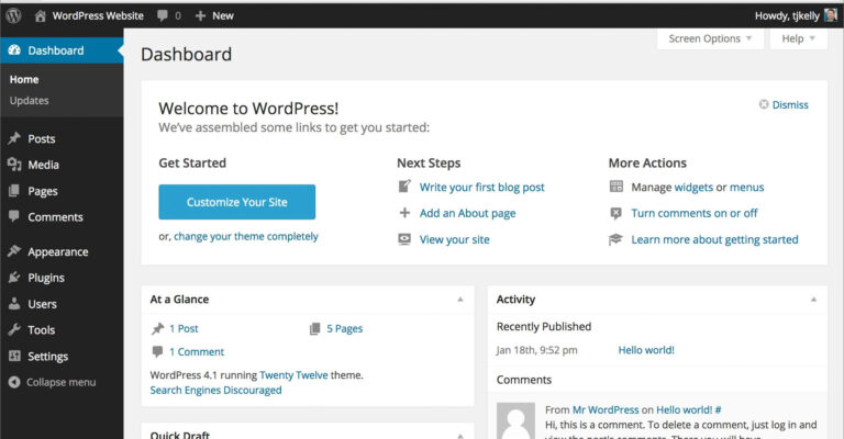 WordPress Tutorial: Dashboard - Welcome.